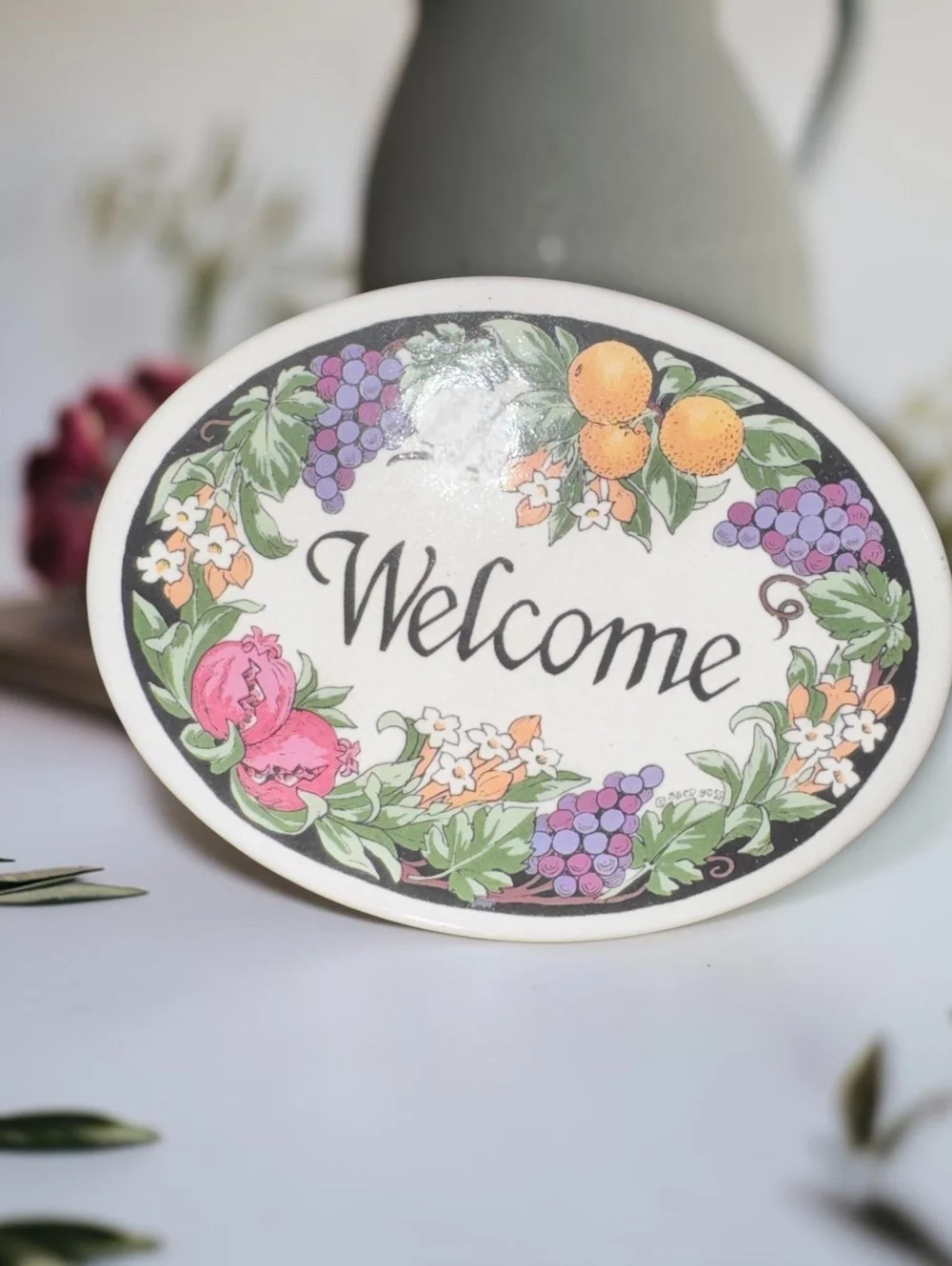 Vintage 1999 Santa Barbara Ceramic Design Welcome Plaque Fruit Floral Wall Decor